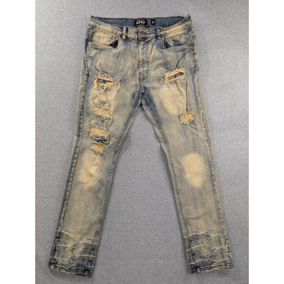 AHP Another Hype Piece Jeans Mens SZ 36 Blue Distressed Whiskers Slim Straight - Picture 1 of 14